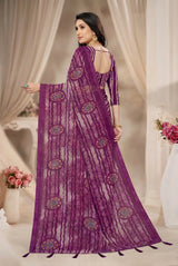Purple Georgette Saree with Zari-Style Full Sequin/SiroSki Work, Printed Stripes & Floral Motifs Border