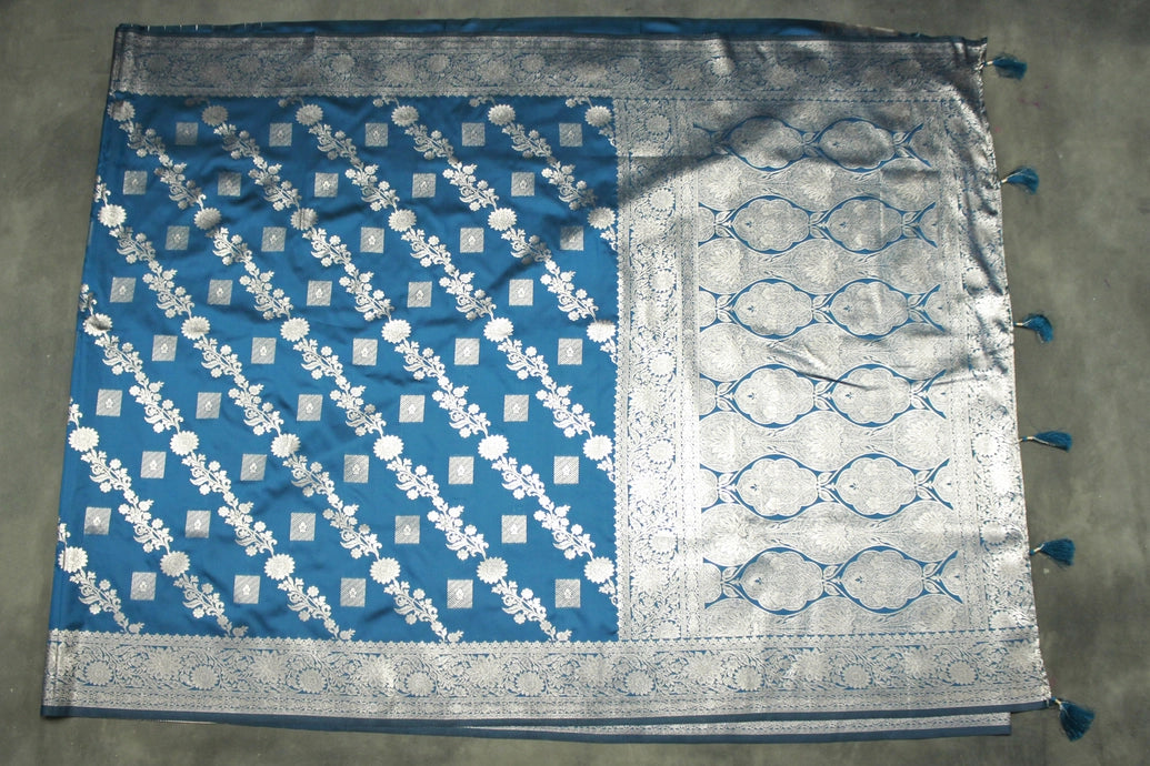 Blue Banarasi Soft Silk Saree with Zari Floral Motifs Border and Opulent Pallu Tassels