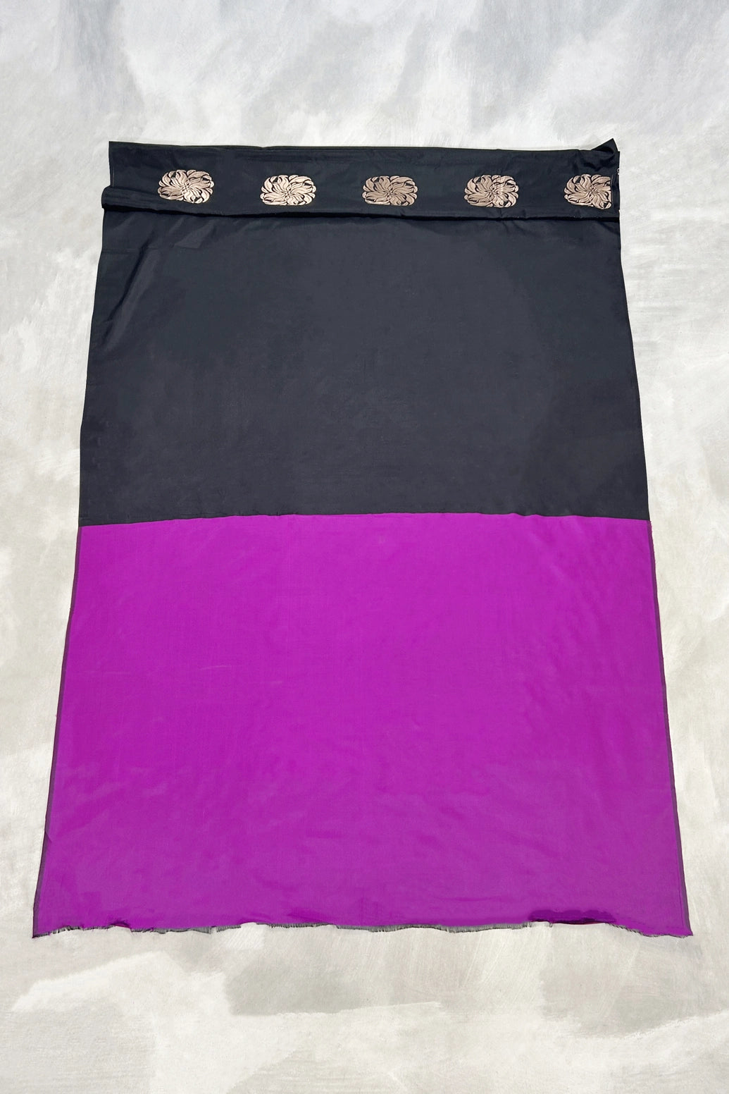 Black Soft Silk Saree with Contrast Purple Border and Gold Zari Floral Buttas