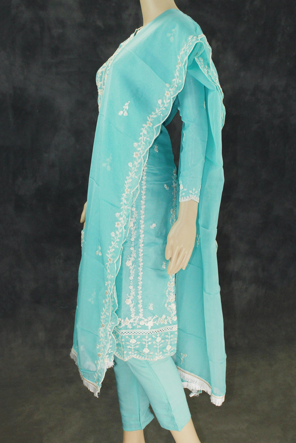 Light Blue Organza Kurti & Dupatta Salwar Set with Khatli Work and Beads-Sequin Embroidery