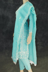Light Blue Organza Kurti & Dupatta Salwar Set with Khatli Work and Beads-Sequin Embroidery