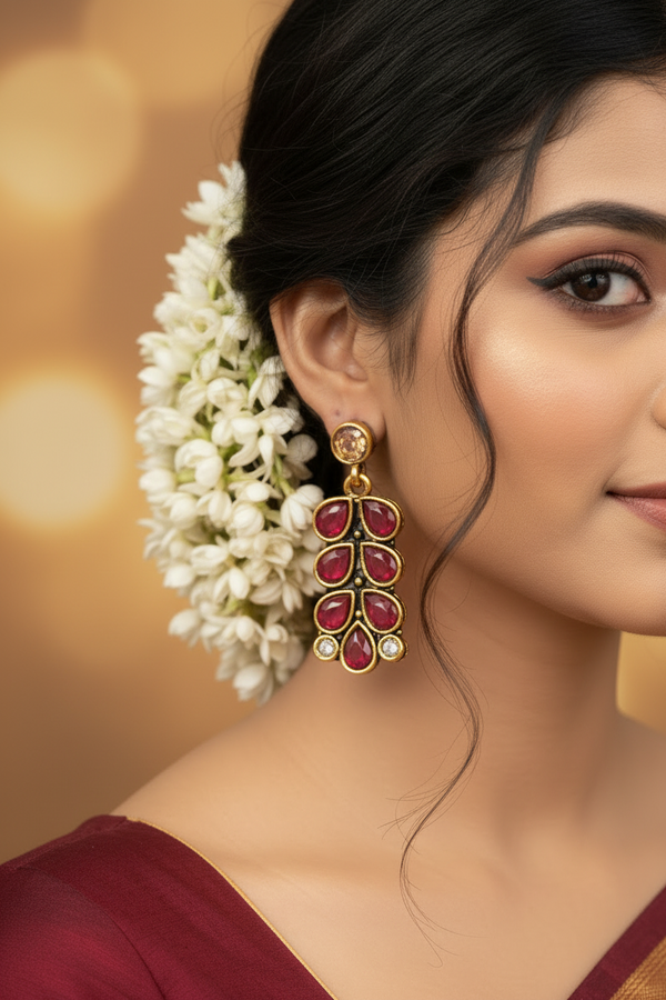 Maroon Teardrop Leaf Drop Earrings – Gold-Tone Antique Finish Fashion Jewellery for Ethnic Wear