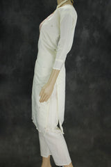 White Roman Silk Kurti with Pant & Organza Digital Dupatta - Zari Sequence Neck Design, 3-Piece Set