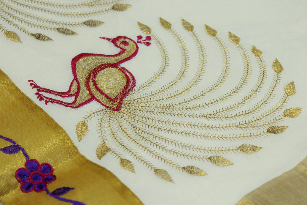 Pure Kerala Cotton White Saree with Gold Zari Peacock Embroidery