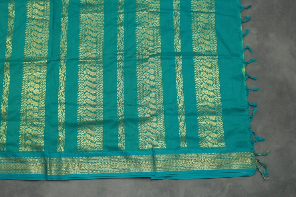 Kalyani Cotton Saree with Zari Border and Putta Motifs, Light Green Teal Pallu Saree JCS Fashions