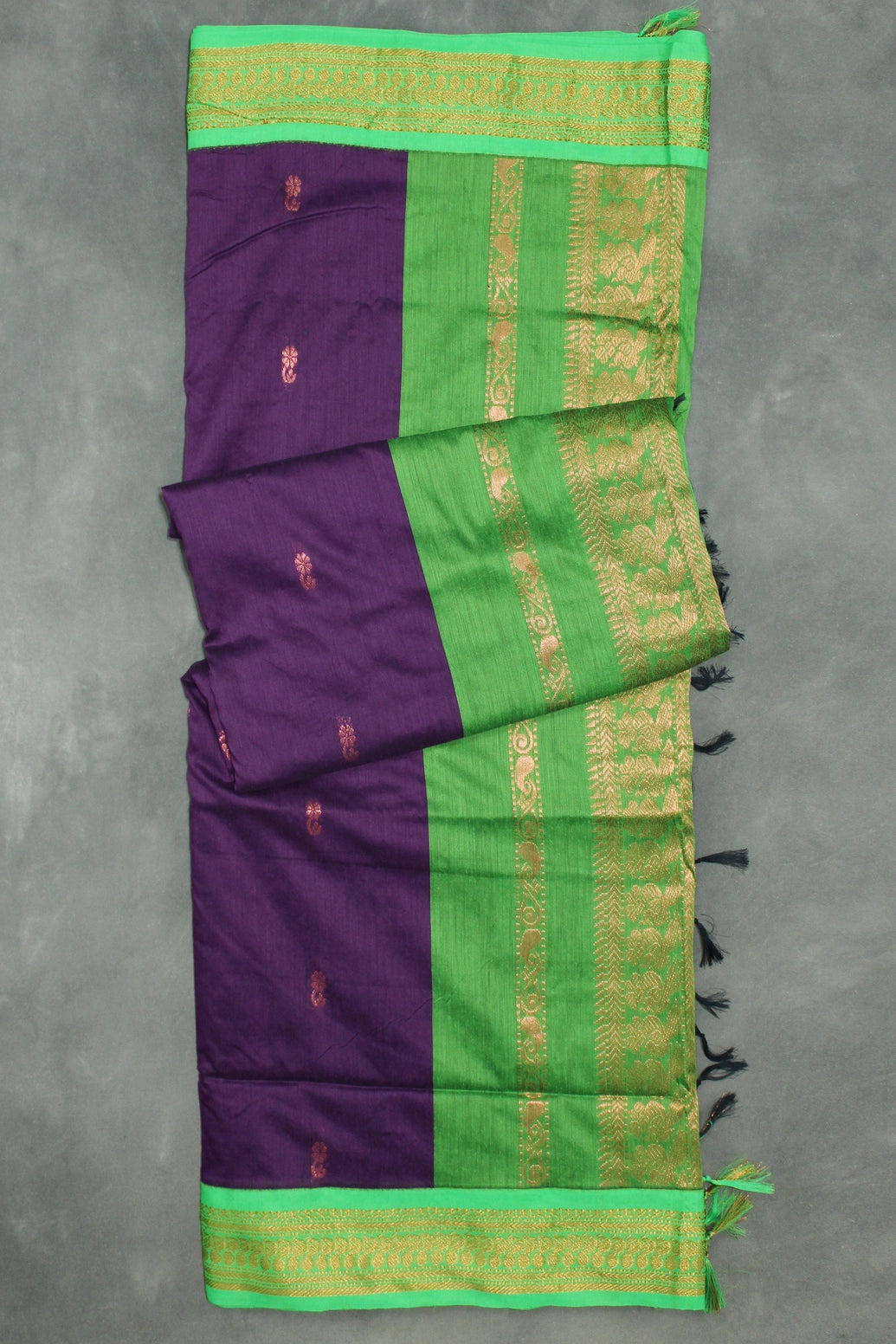 Kalyani Cotton Saree - Deep Violet with Green Zari Border and Butta Design Saree JCS Fashions