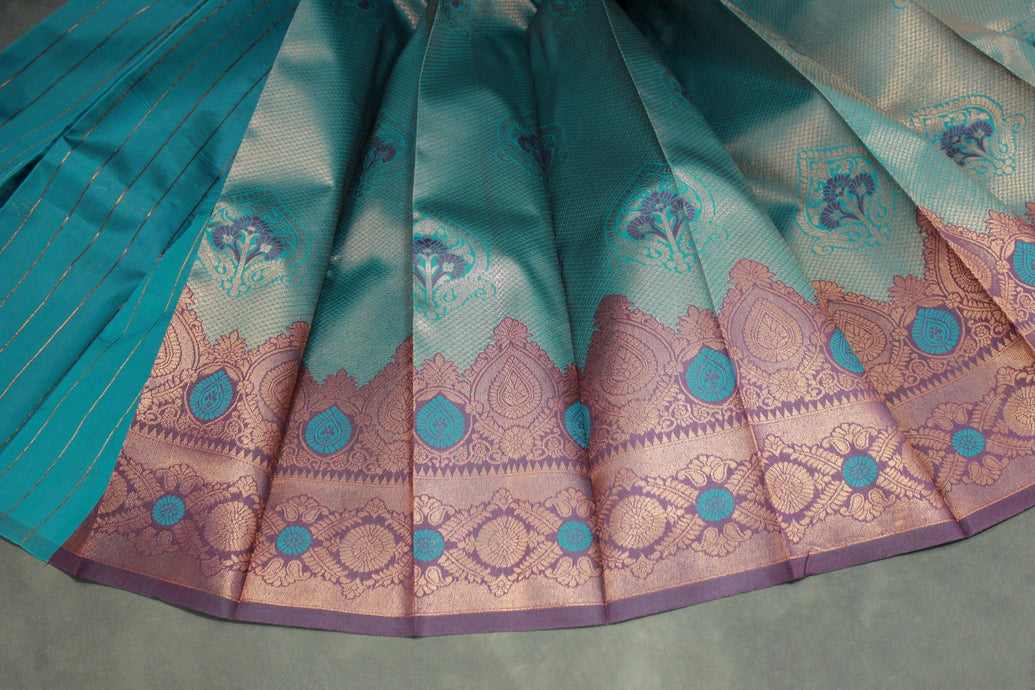 Dark Teal Kubera Pattu Silk Saree with Designer Border, Matching Blouse Piece