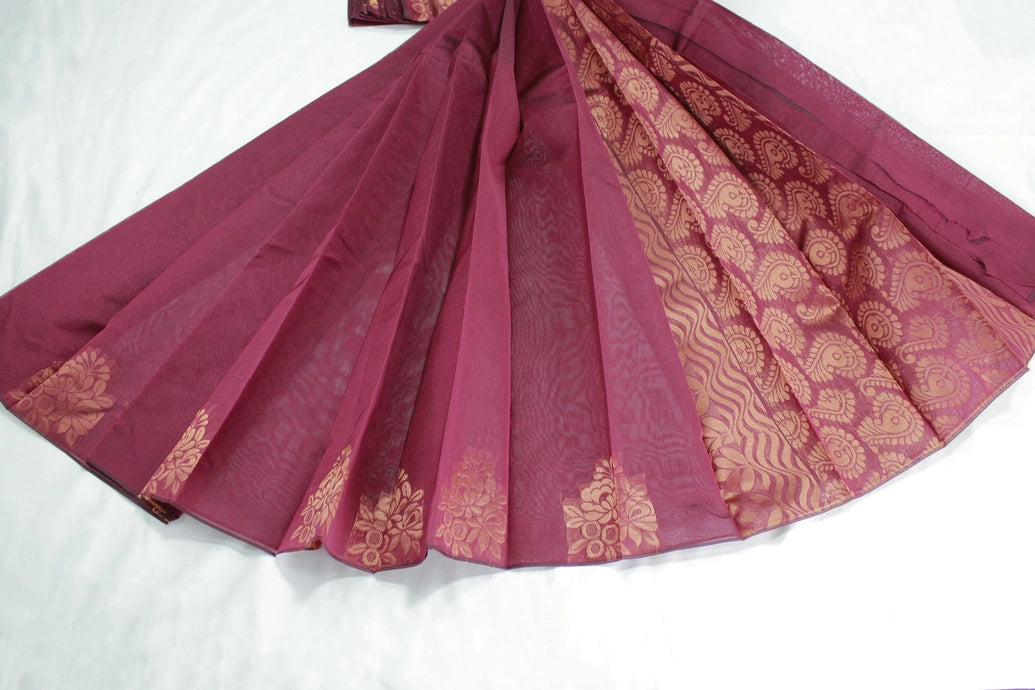 Maroon Silk Cotton Saree with Zari Border, Borderless Design and Matching Blouse
