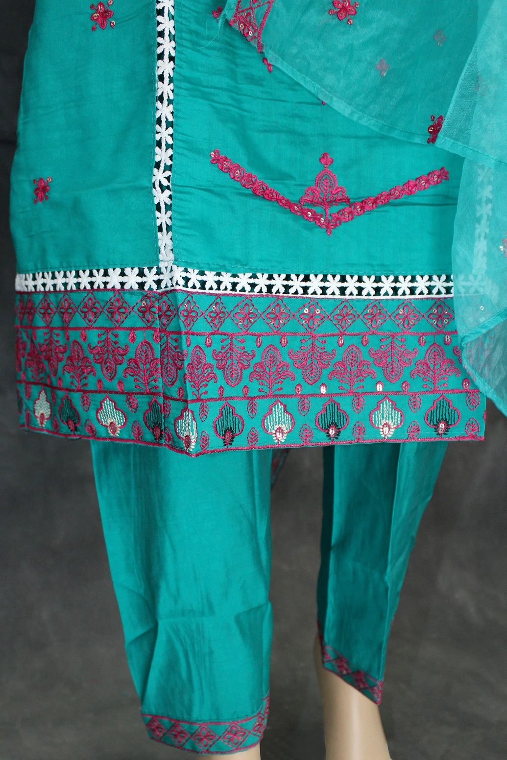 Roman Silk Embroidered 3-Piece Kurti Set with Organza Dupatta in Jungle Green - Traditional Indian Wear Kurti JCS Fashions