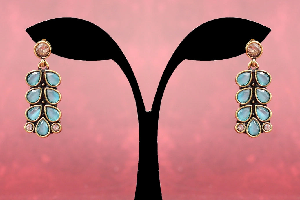 Gold-Tone Antique Leaf Drop Earrings with Sea Blue Teardrop Stones Jewelry JCS Fashions