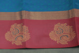 Peacock Blue Emboss Satin Border Semi Silk Saree with Floral Design and Blouse Piece
