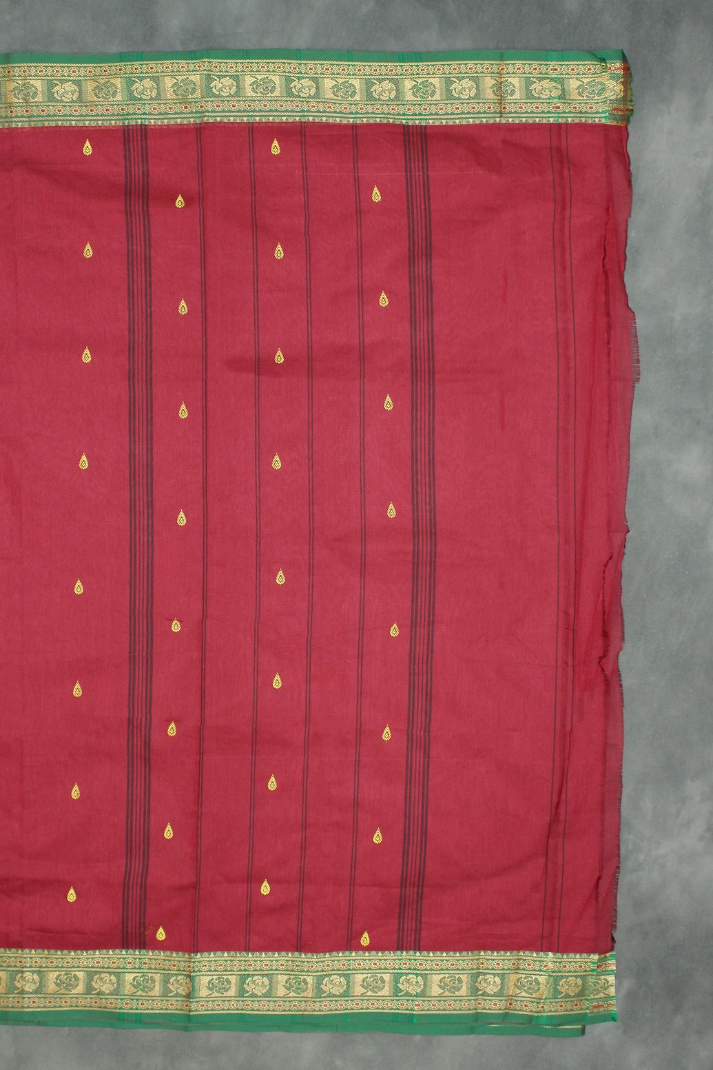 Red Poly Cotton Butta Saree with Green-Gold Thread Border - Traditional Indian Saree Saree JCS Fashions