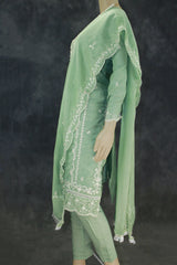 Pista Green 3-Piece Salwar Suit Set Kurti with Organza Khatli Work & Sequins, Roman Silk Bottom, Border Dupatta