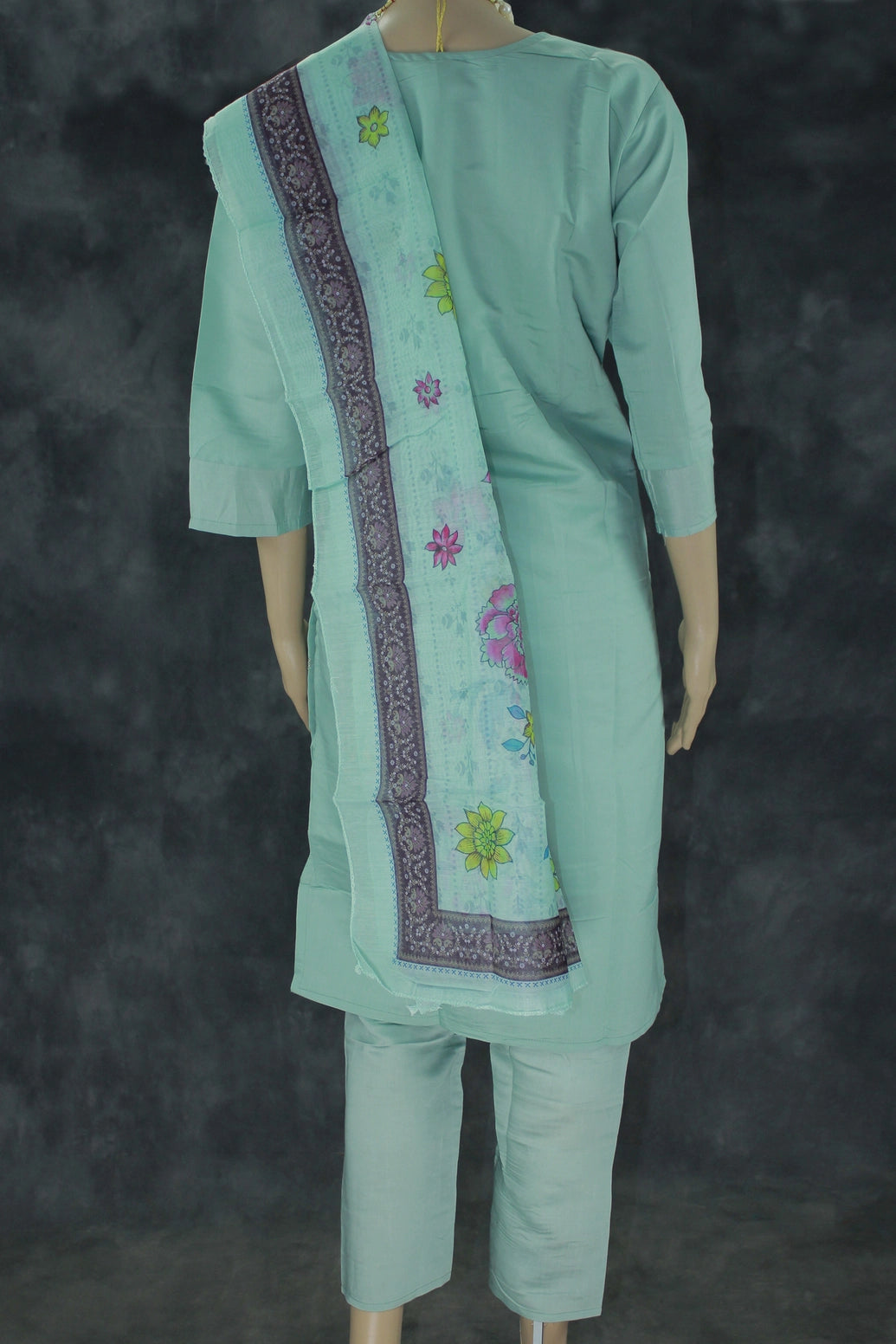 Sea Green Roman Silk 3-Piece Kurti Set with Bead Handwork and Embroidered Yoke, Printed Dupatta Kurti JCS Fashions