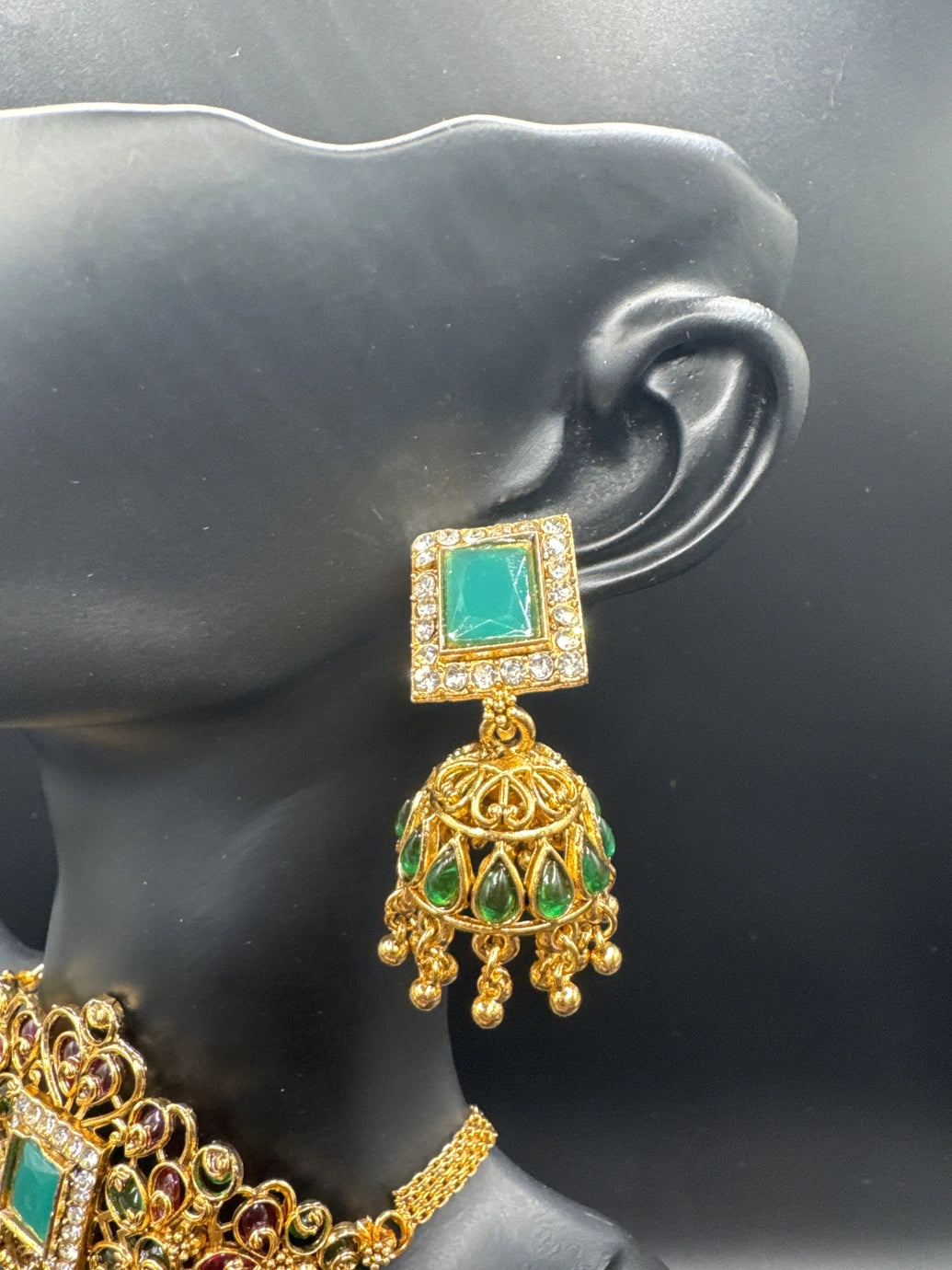 Gold-Tone Pink & Green Choker Necklace Set with Multicolor Stones, Crystal Accents and Matching Jumka Earrings Jewelry JCS Fashions