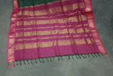 Dark Green Kalyani Cotton Saree with Zari Checked and Peacock Border and Blouse