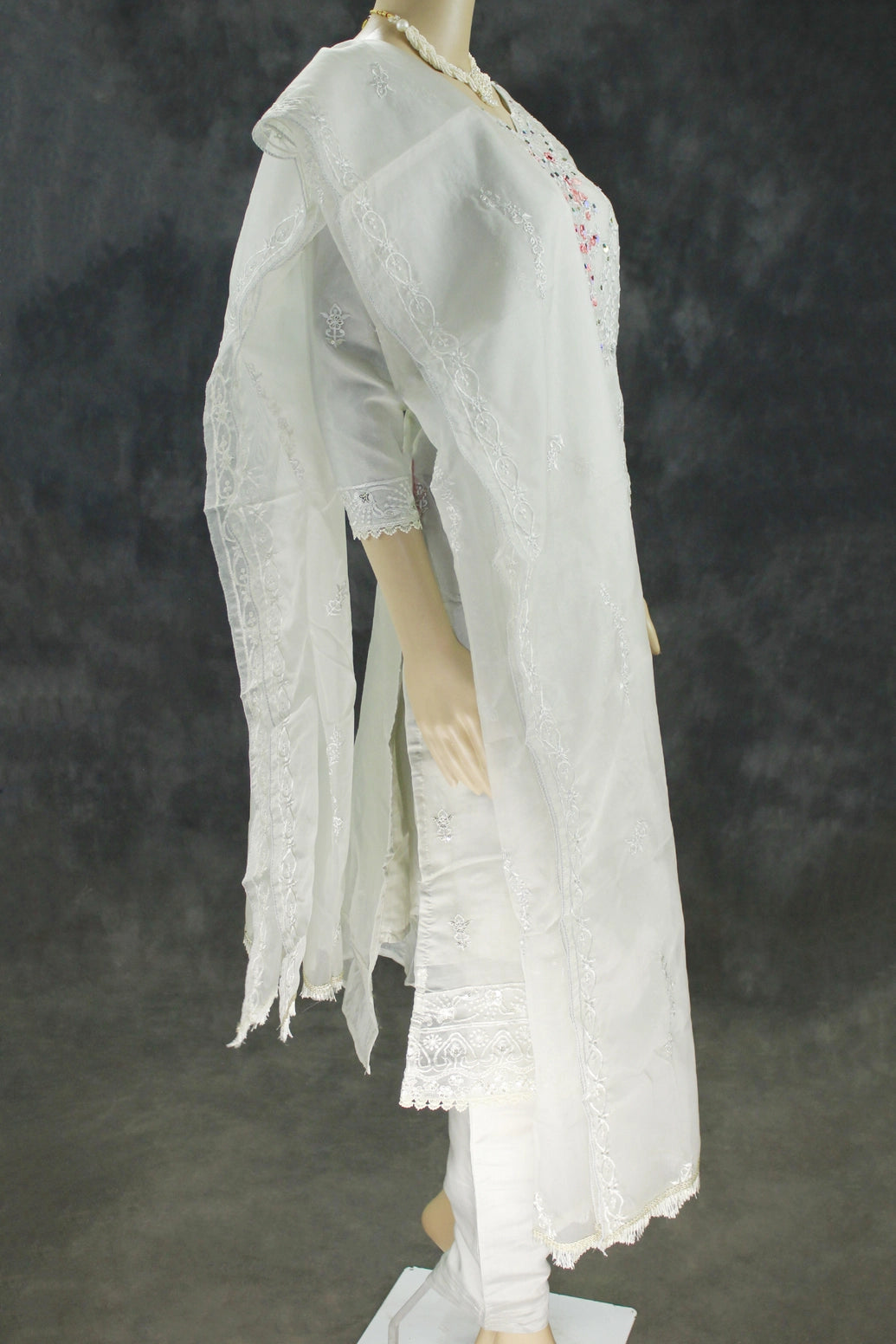Light Gray Roman Silk 3-Piece Kurta Set with Organza Work Dupatta and Elastic Pant