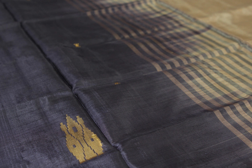 Light Brown Vaazhai Naar (Banana Pith) Saree with Small Purple Butta and Dark Contrast Pallu