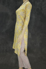 Mustard Yellow Cotton Floral Kurta Set with Printed Elastic Pants