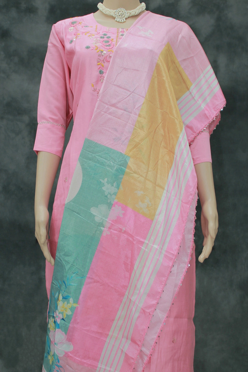 Light Pink Roman Silk 3-Piece Kurti Set with Embroidered Kurti, Elastic Pant & Chiffon Dupatta