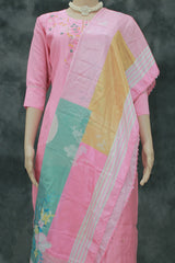 Light Pink Roman Silk 3-Piece Kurti Set with Embroidered Kurti, Elastic Pant & Chiffon Dupatta
