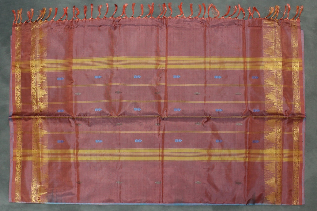 Blue & Brown Vaazhai Naar (Banana Pith) Saree with Zari Border and Small Butta