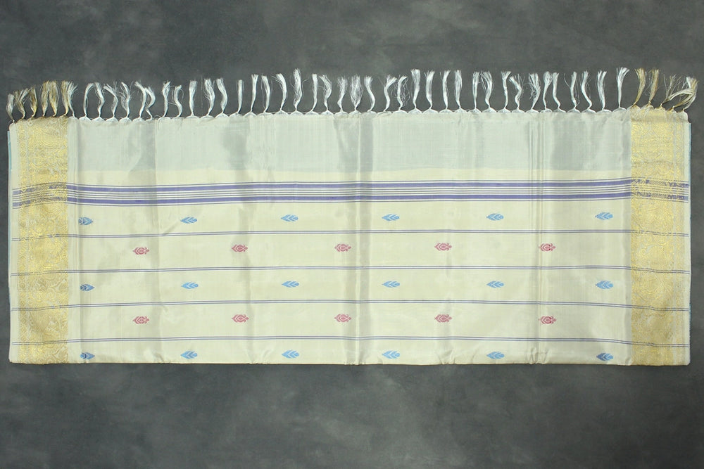 Peacock Blue & Cream Vaazhai Naar (Banana Pith) Saree with Zari Border and Butta