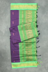 Traditional Kalyani Cotton Saree with Zari Border and Putta Motifs - Deep Violet & Green Saree JCS Fashions