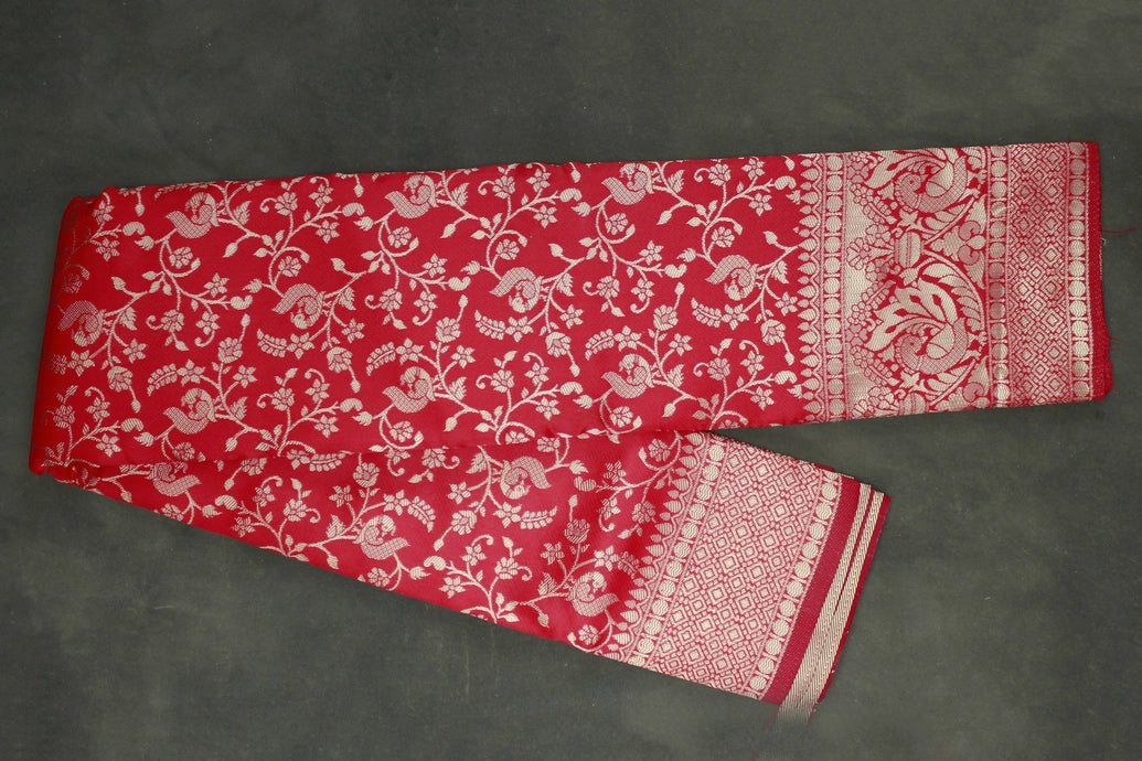 Ajmera Fashion Pink Banarasi Handloom Satin Saree with Floral Woven Embroidered Print and Blouse