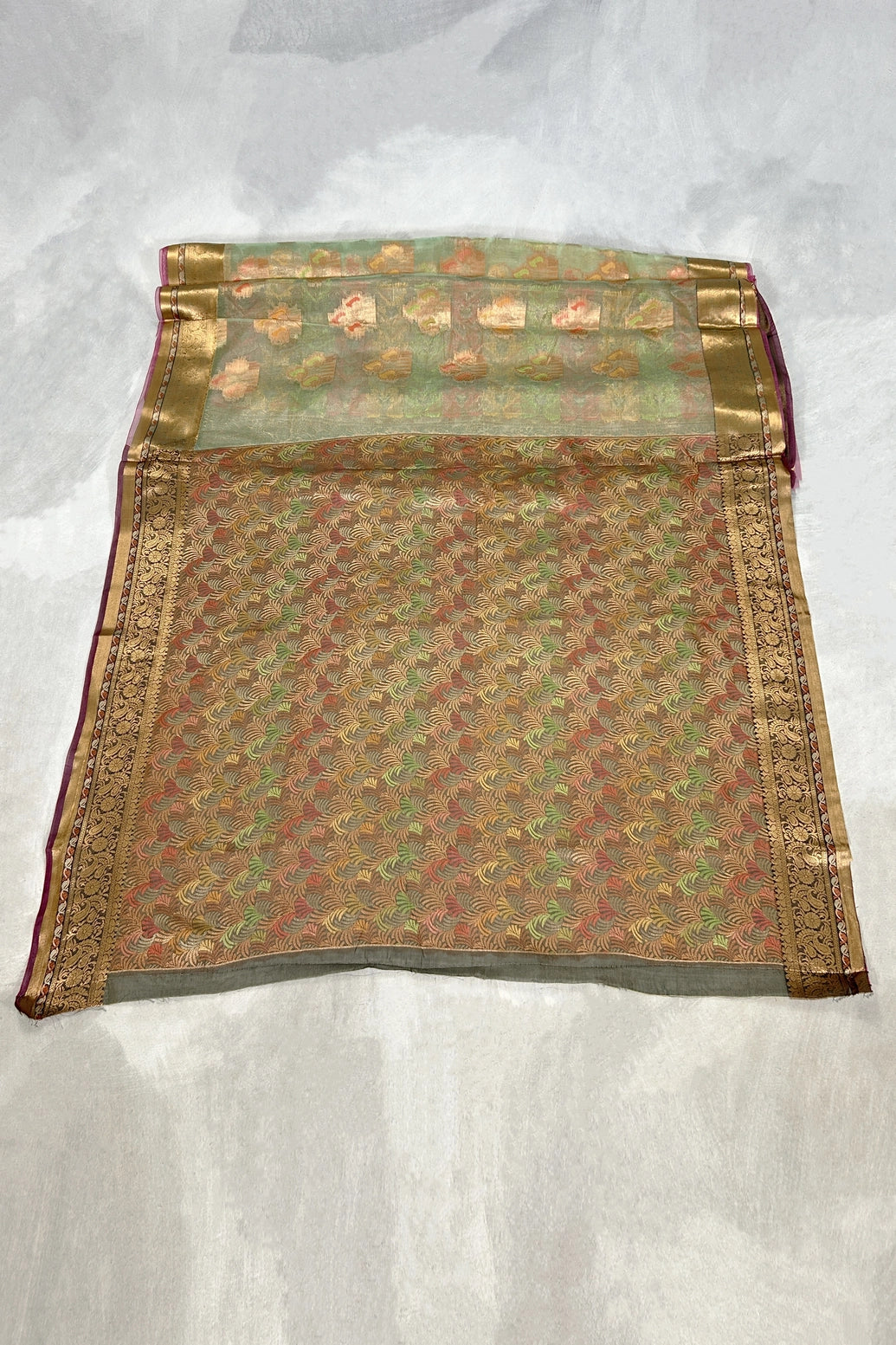 Green Cotton Organza Saree with Zari Grand Pallu and Designer Border, Comes with Blouse