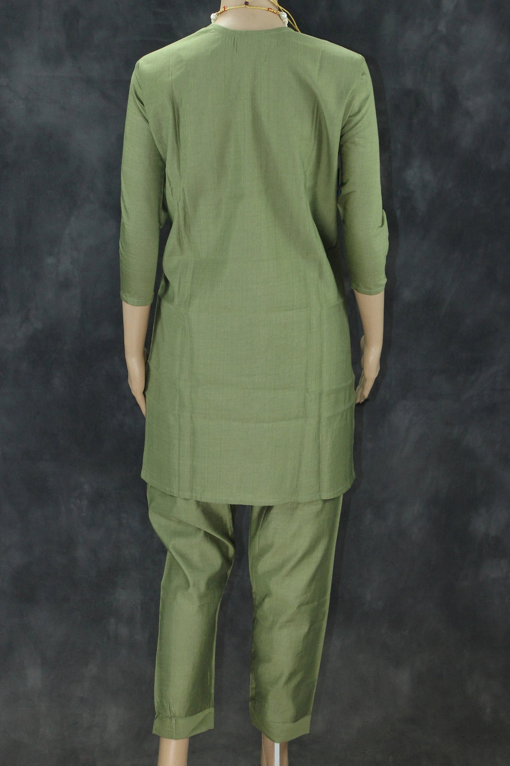 Olive Green Embroidered Cotton Kurti Set with Elastic Pant - V-Neck, Bead & Aari Work Kurti JCS Fashions