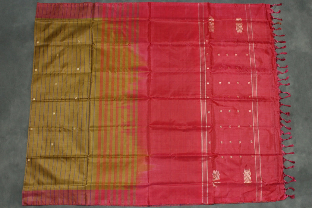 Vaazhai Naar (Banana Pith) Saree - Mustard & Red with Small Butta