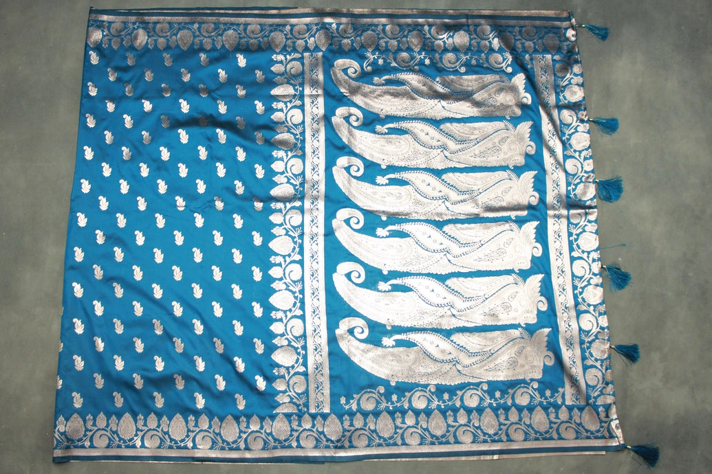 Peacock Blue Banarasi Soft Silk Saree with Zari Floral & Mango Motifs and Rich Border Pallu