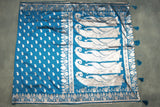 Peacock Blue Banarasi Soft Silk Saree with Zari Floral & Mango Motifs and Rich Border Pallu