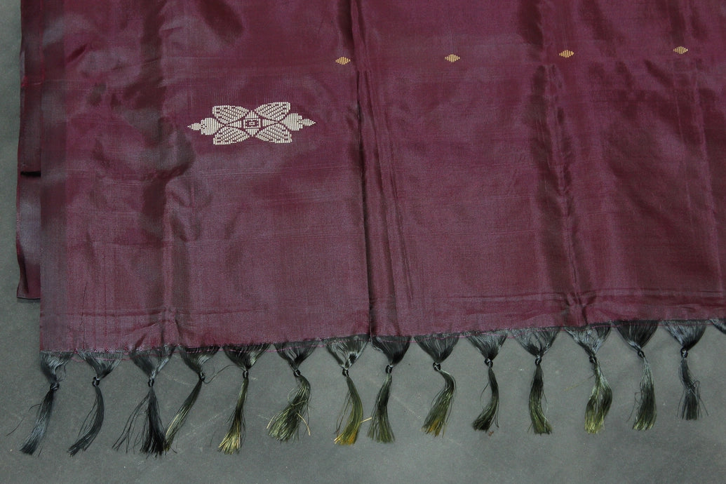 Vaazhai Naar (Banana Pith) Borderless Saree - Dark Purple Body with Fanta Orange Pallu, Small Butta