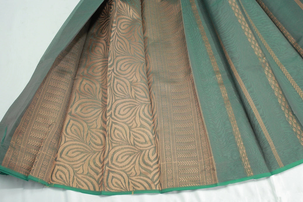 Seaweed Green Silk Cotton Saree with Zari Border and Blouse Piece, Border Less Design
