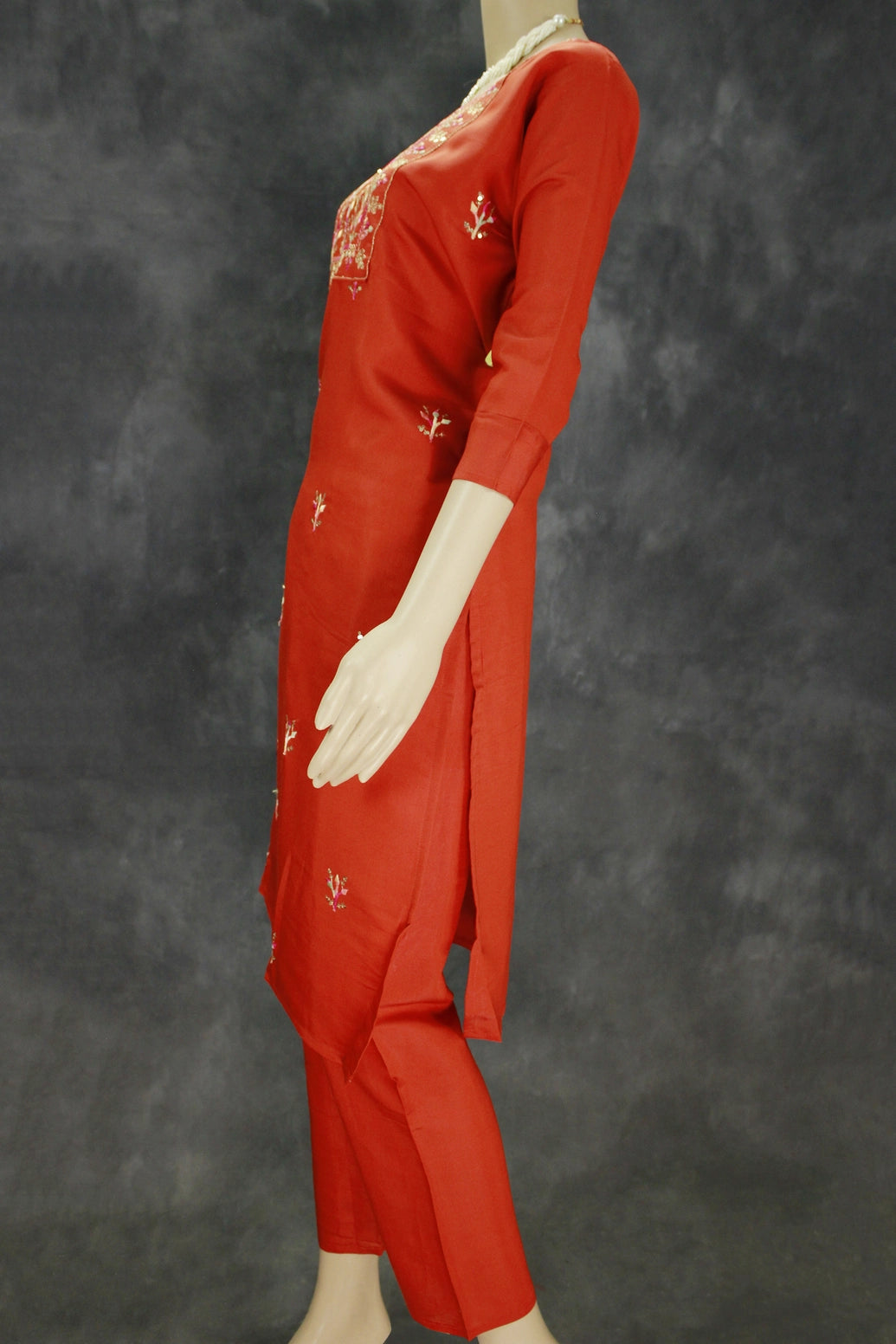 Roman Silk 3-Piece Salwar Kameez Set with Organza Digital Dupatta - Orange, Zari & Sequin Embroidered Neck