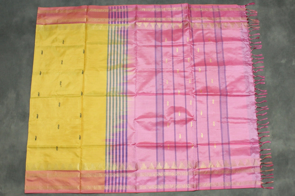 Banana Pith (Vaazhai Naar) Yellow & Pink Saree with Zari Border and Small Butta