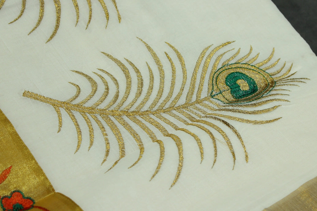 Pure Kerala Cotton White Saree with Gold-Tone Peacock Zari Embroidery and Blouse Piece