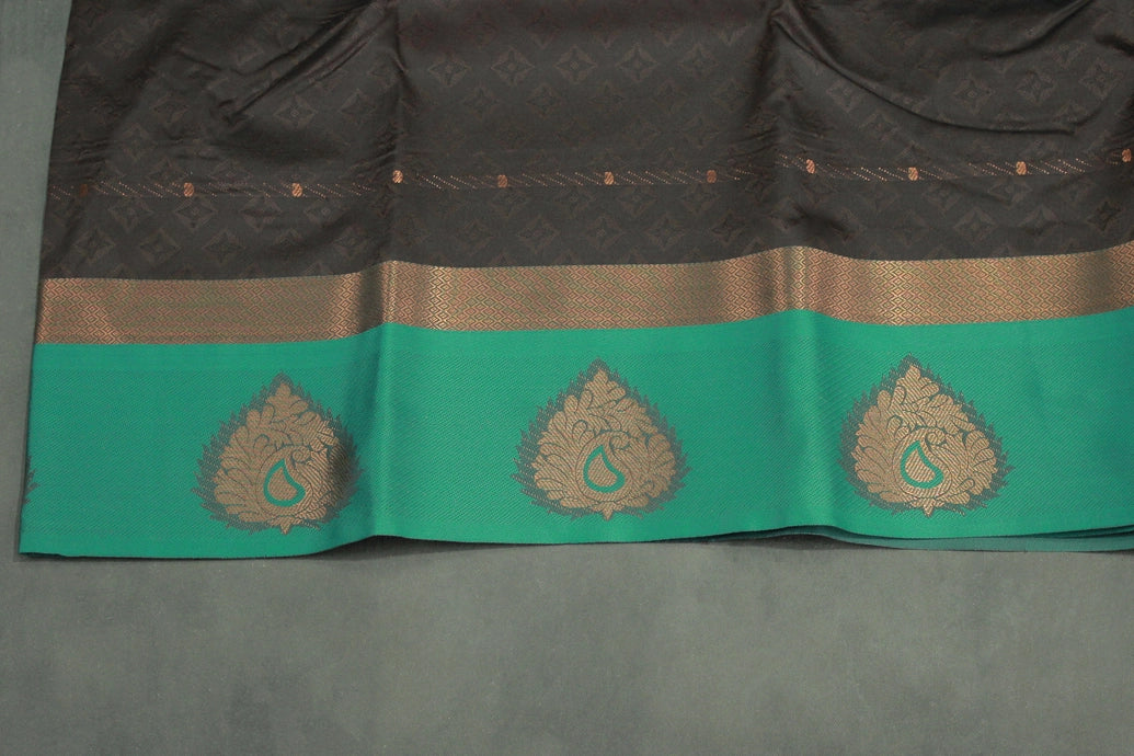 Dark Brown Semi Silk Embossed Saree with Floral Design and Satin Border, Includes Blouse