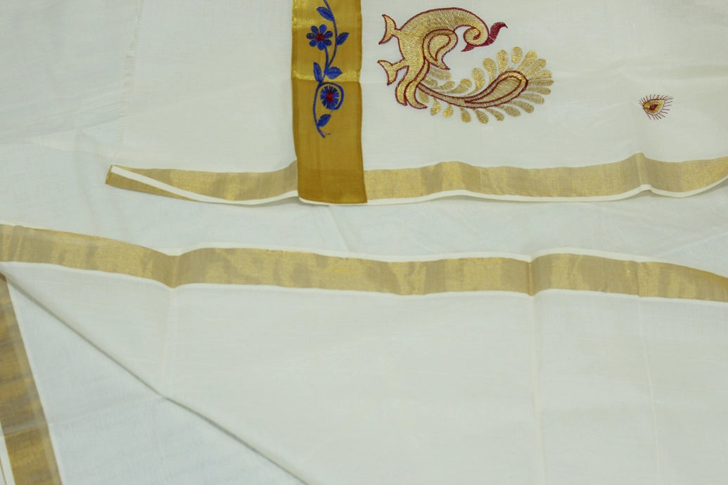 Pure Kerala Cotton White Saree with Gold Zari Peacock Embroidery Pallu – Blouse Piece Included