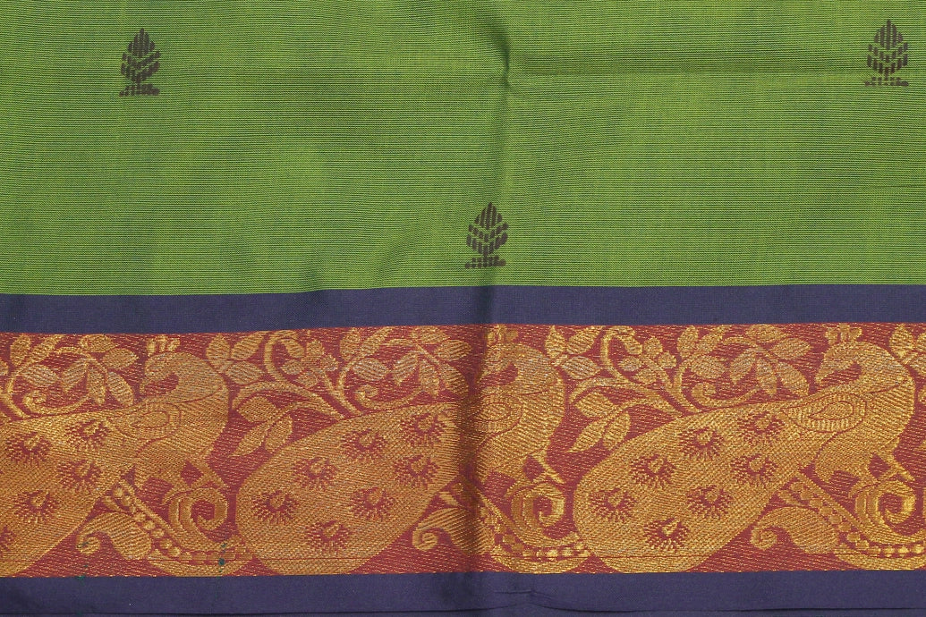 Green Poly-Cotton Butta Saree with Zari Peacock Border and Line Pallu Saree JCS Fashions