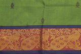Green Poly-Cotton Butta Saree with Zari Peacock Border and Line Pallu Saree JCS Fashions