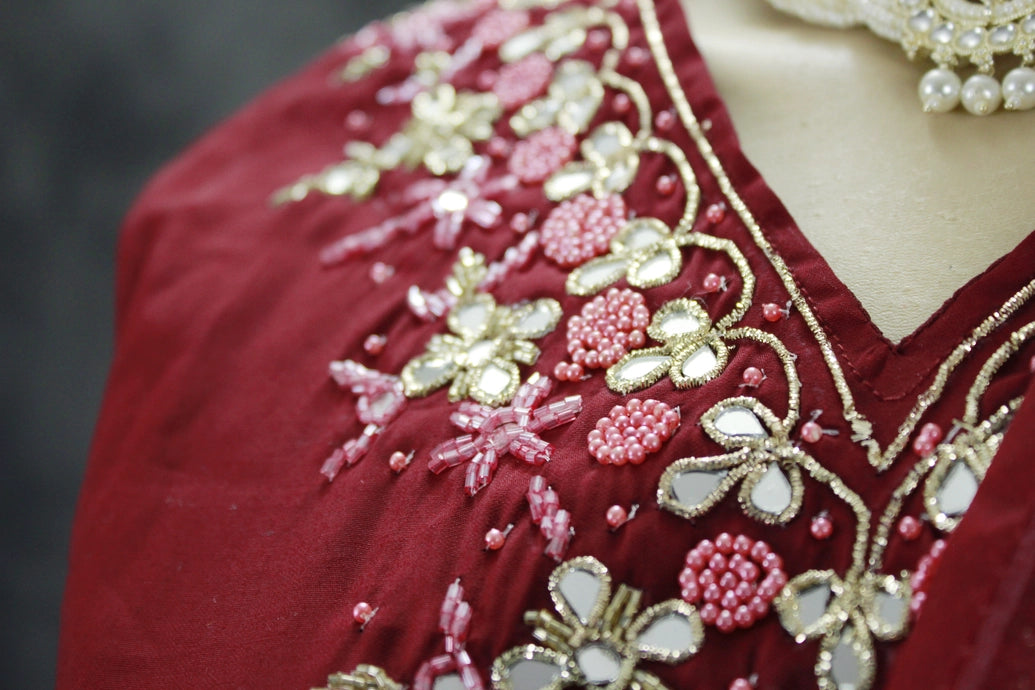 Maroon Silk 3-Piece Salwar Suit - Aari, Mirror & Pearl Embroidery with Organza Printed Dupatta