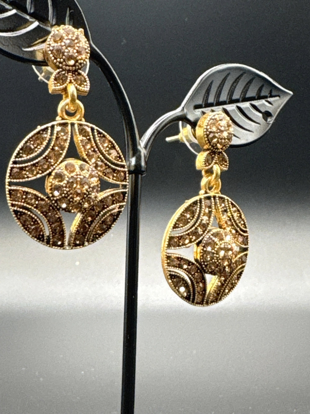 Antique Gold-Tone Dangler Earrings with Brown Stones - Round Filigree Ethnic Drop Earrings (1.5 inch) Jewelry JCS Fashions