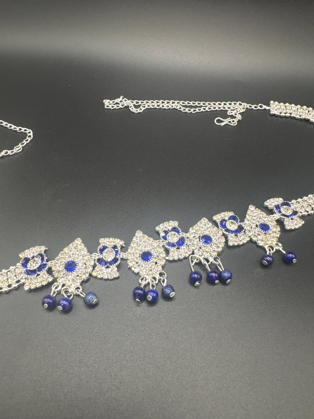 Silver-Tone Blue Crystal Hip Chain with Floral Motifs and Bead Danglers - Adjustable Jewelry JCS Fashions