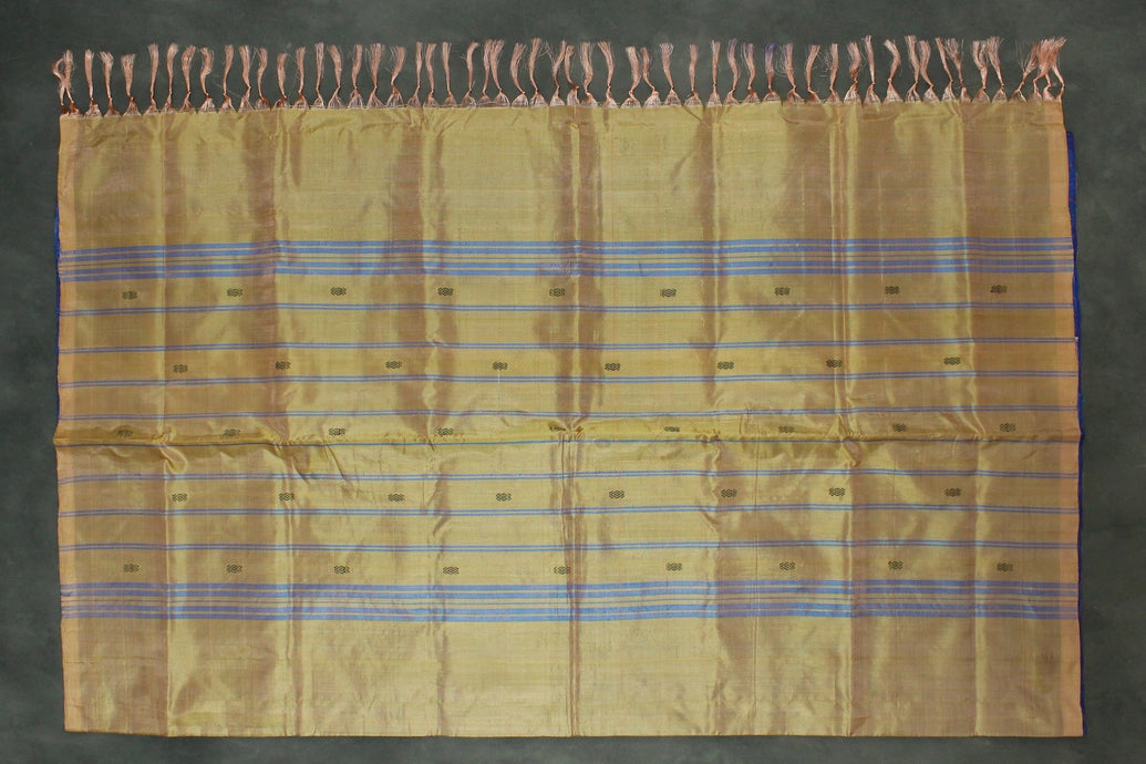 Peach Vaazhai Naar Banana Pith Saree with Blue Stripes and Small Butta - Borderless Handloom