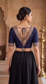 Dark Navy Blue Readymade Designer Padded Blouse with Gold Zari & Sequin V-Neck, Elbow Sleeves, Back Knot