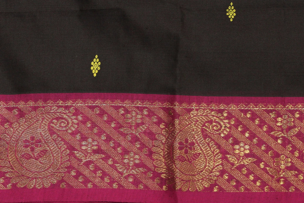 Dark Brown Poly Cotton Saree with Gold Zari Border and Butta Motifs Saree JCS Fashions