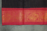 Dark Brown Sungudi Cotton Saree with Red Peacock Gold Zari Double Border, Checked Design Saree JCS Fashions